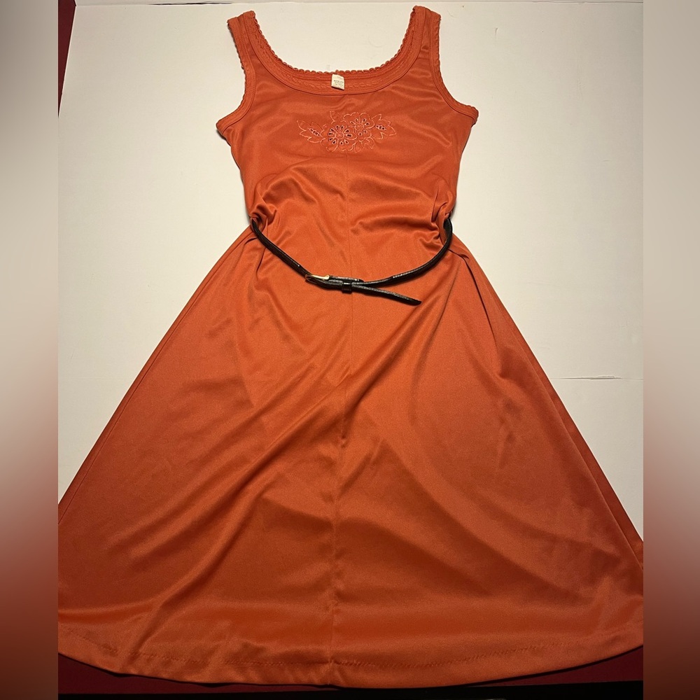 Vintage 60s 70s Size S/M Polyester Orange Dress Leather Belt